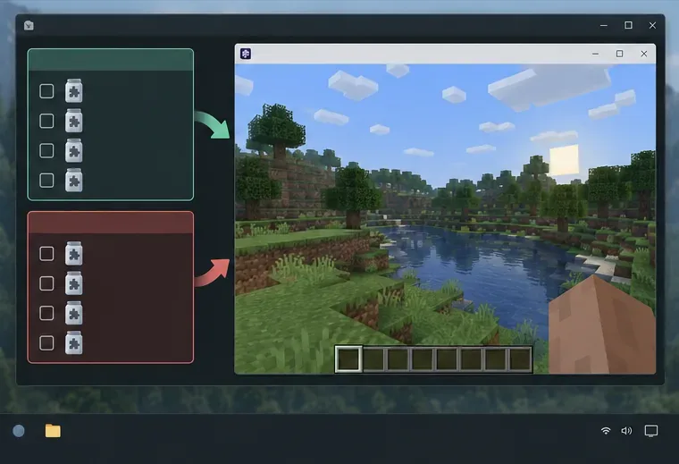 A block-based sandbox test world appears beside two separate groups of generic mod icons, illustrating an isolated test setup.
