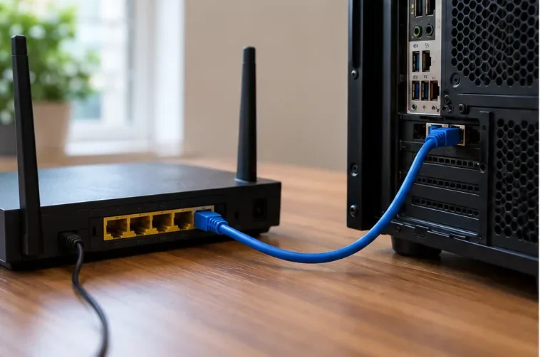 Un cable Ethernet conecta un router doméstico directamente a un ordenador de sobremesa para juegos.