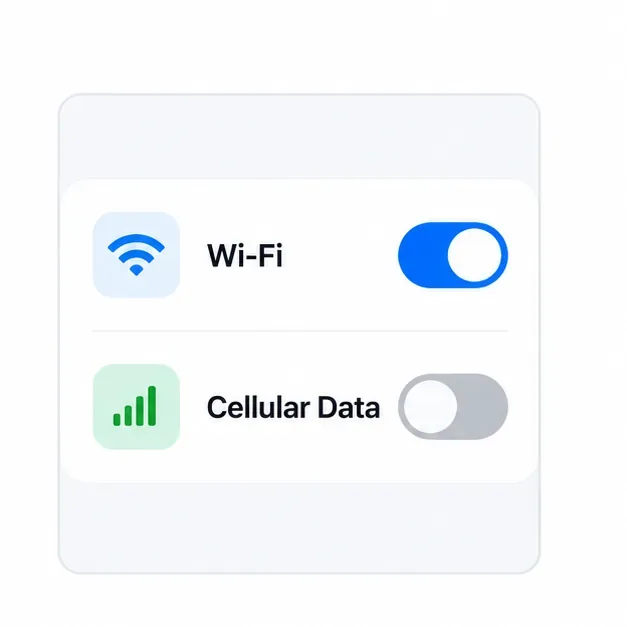 Illustratieve telefoonnetwerkinstellingen met wifi ingeschakeld en mobiele data uitgeschakeld, ter vergelijking van verbindingen.