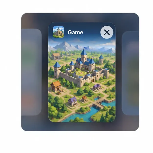 Een algemene previewkaart voor een strategiespel met een sluitpictogram, waarop te zien is hoe je een vastgelopen app kunt sluiten en opnieuw kunt openen.