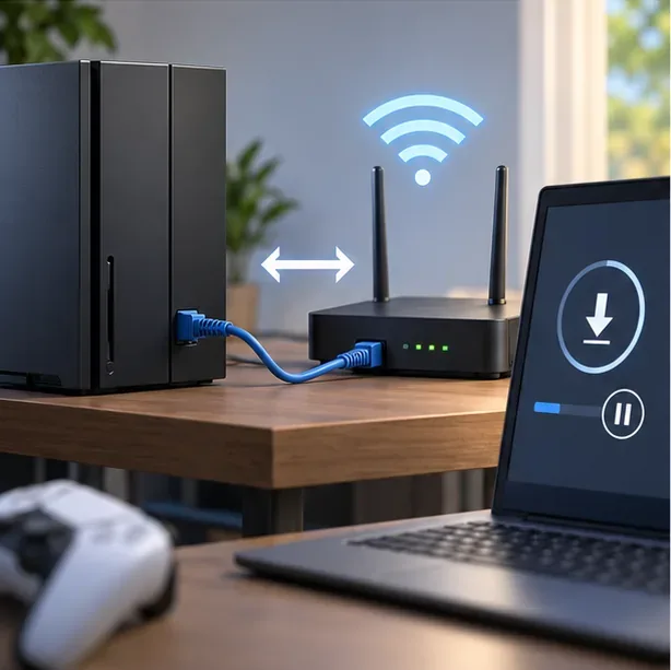 Een gameconsole die via Ethernet met een router is verbonden, met een wifi-symbool en een gepauzeerde download in de buurt.