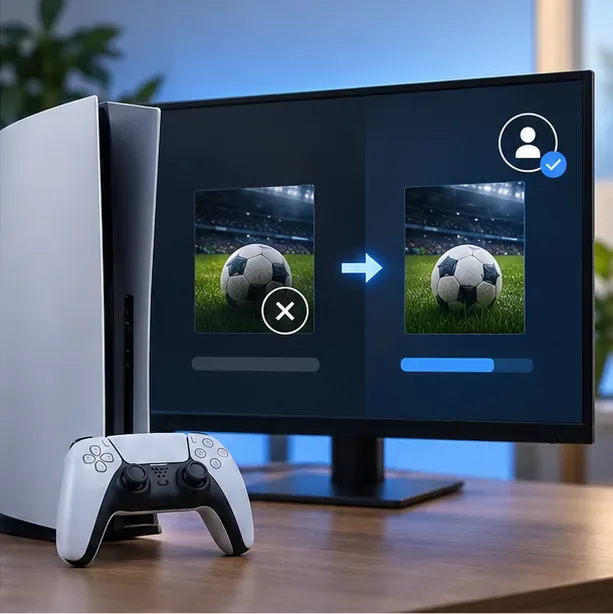 Een console en controller naast een scherm waarop een afgesloten voetbalwedstrijd opnieuw wordt opgestart, samen met een profielicoon dat aangeeft dat je bent ingelogd.