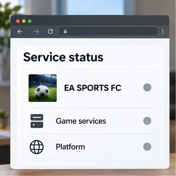 Een servicestatuspaneel met aparte neutrale statusrijen voor EA SPORTS FC, gameservices en het platformnetwerk.