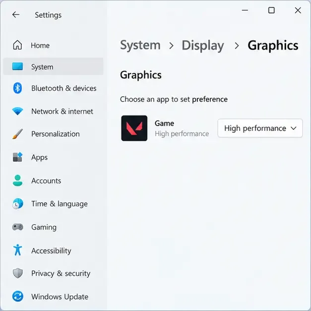 Windows 11-style Display Graphics settings with a game app assigned to the High performance GPU preference.