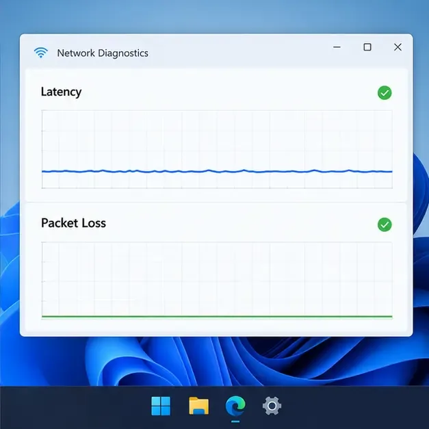 Illustrative network diagnostics window with latency and packet-loss graphs; compare the display with your own live readings.