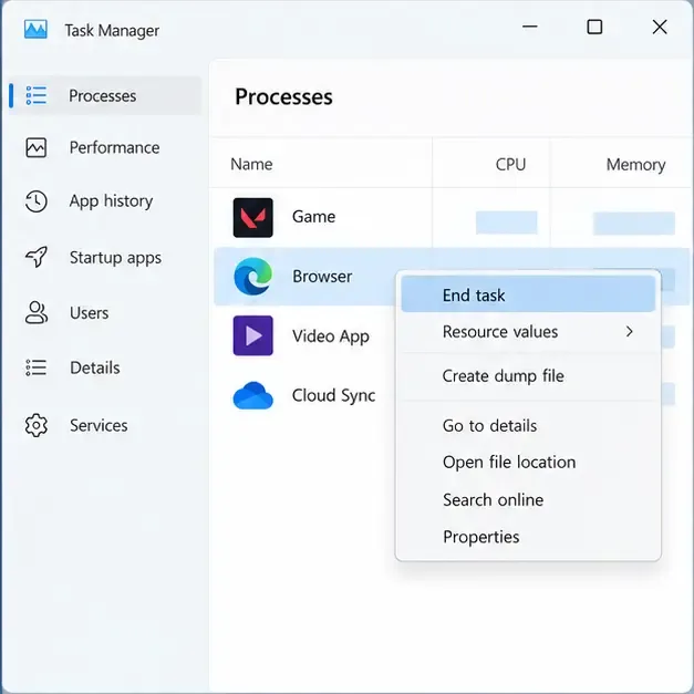 Windows-style Task Manager with optional background apps listed and a context menu open on a browser app.