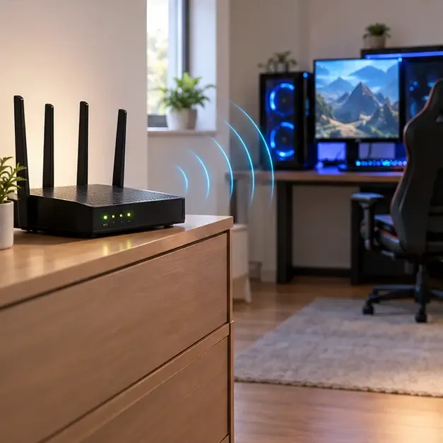Home Wi-Fi router placed in an open area near a gaming desk, with a clear path to the PC.