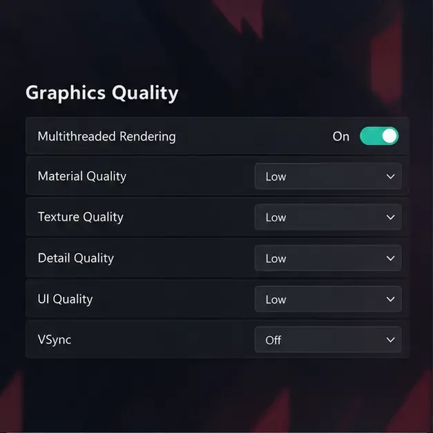 Illustrative competitive-game graphics settings panel showing lower quality values and VSync turned off.