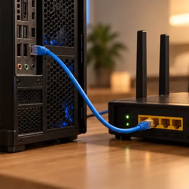 Ethernet cable connecting a desktop gaming PC directly to a home router.
