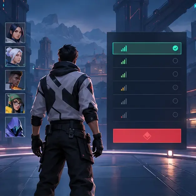 Illustrative tactical-shooter lobby with one available server entry highlighted in a datacenter list.