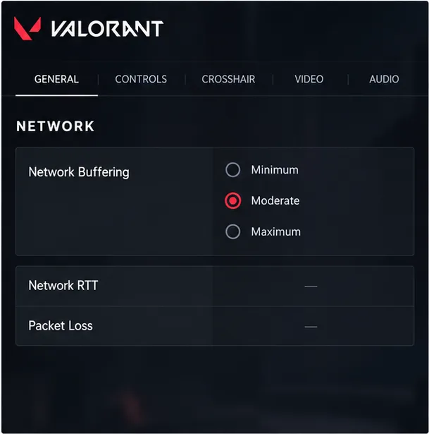 VALORANT settings illustration showing Network Buffering options and Network RTT and Packet Loss rows without measurements.