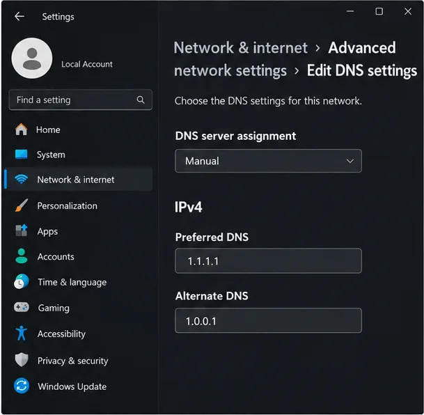 Windows 11 DNS settings illustration with Cloudflare IPv4 addresses 1.1.1.1 and 1.0.0.1.
