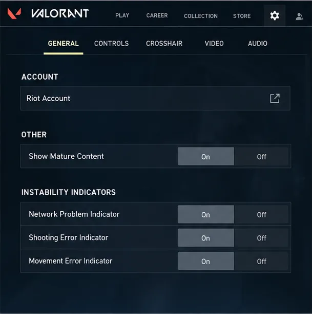 VALORANT General settings illustration showing Network Problem Indicator under Instability Indicators.