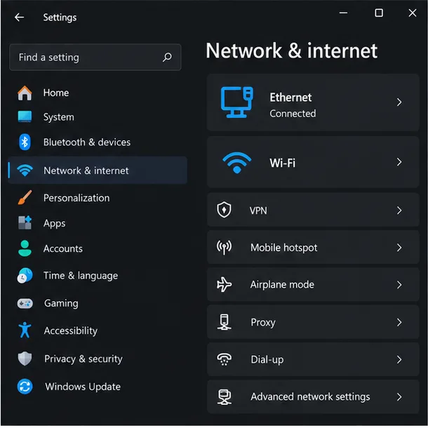 Windows 11 Network & internet settings with Ethernet marked Connected and Wi-Fi listed below.