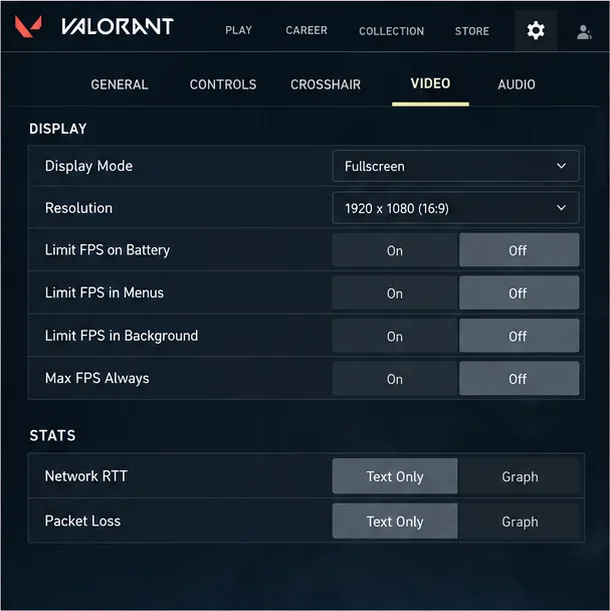 VALORANT Video settings illustration showing the Network RTT and Packet Loss graph options.