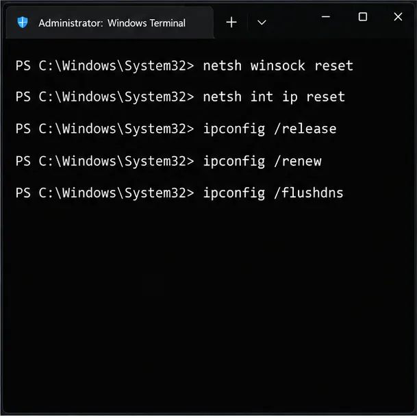 Administrator Windows Terminal displaying commands to reset Winsock and TCP/IP, renew the IP address, and flush DNS.