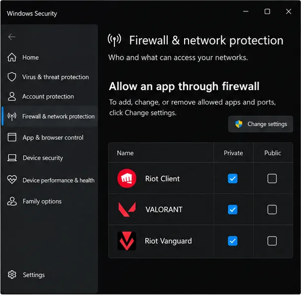 Windows Security firewall page listing Riot Client, VALORANT, and Riot Vanguard with Private access enabled.