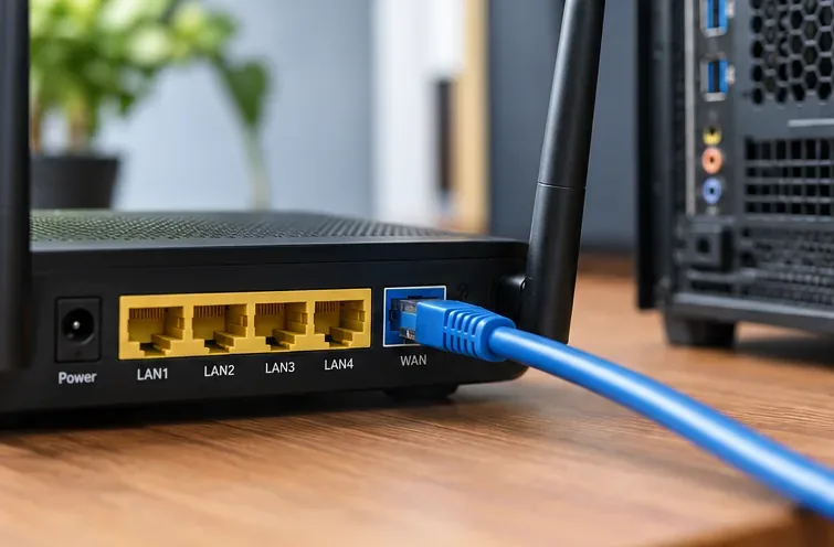 Close-up of a home router with WAN cable connected, LAN ports and power input visible