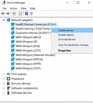 Device Manager showing the Network adapters category and the Update driver context-menu item