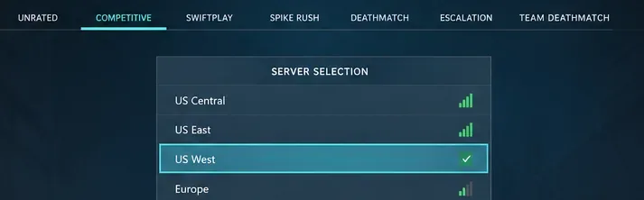 Stylized pre-match server-selection panel showing US Central, US East, and US West options