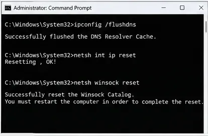 Elevated Windows Command Prompt showing flushdns, TCP/IP reset and Winsock reset commands