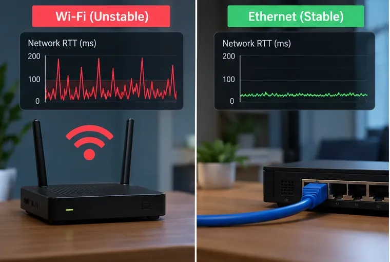 Side-by-side Wi-Fi jitter graph and Ethernet connection with a comparatively level latency trace