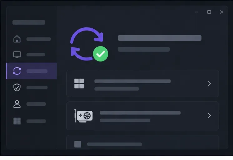 暗い設定ウィンドウには、一般的なアップデートチェックとディスプレイアダプタのアイコンが表示されます。