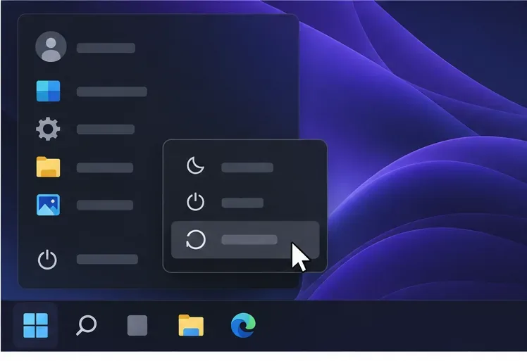 Windowsのような電源メニューが開き、再起動オプションがハイライト表示されています。