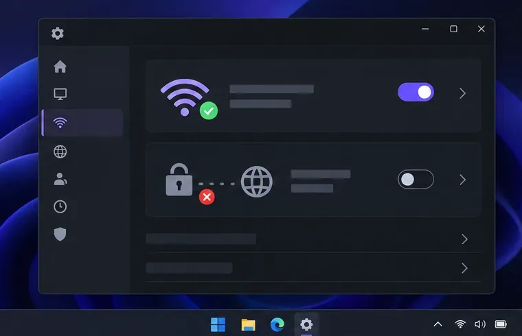 一般的なWindowsの設定パネルには、接続されているWi-Fiと切断されたVPNトンネルが表示されます。