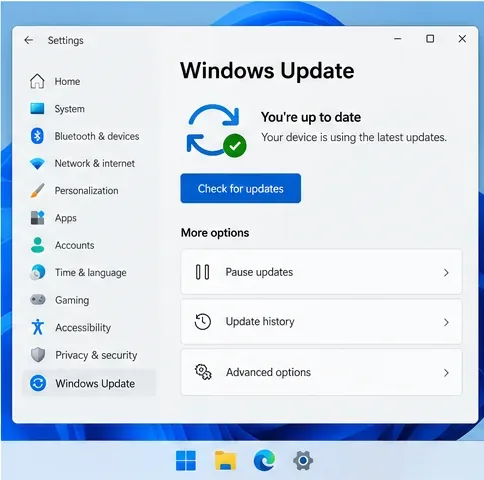 A página do Windows Update com um botão "Verificar atualizações" e um indicador de status atualizado.