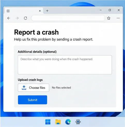 Um formulário de relatório de falha com um campo "Detalhes adicionais" e um controle para "Carregar registros de falha".