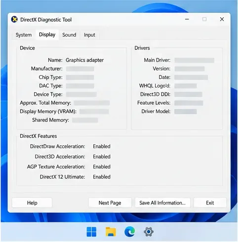 A Ferramenta de Diagnóstico do DirectX, na aba Exibir, apresenta um nome genérico para o adaptador gráfico e campos para o driver.