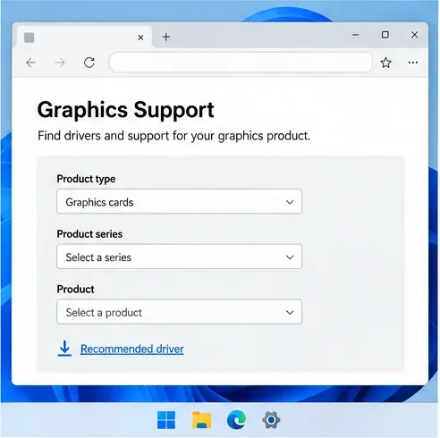 Uma página web de suporte gráfico com campos de seleção de produtos e um link para drivers recomendados.