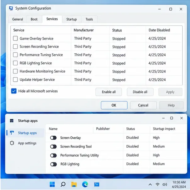 Configuração do sistema com a opção "Ocultar todos os serviços da Microsoft" selecionada e uma lista de aplicativos de inicialização mostrando os aplicativos opcionais desativados.