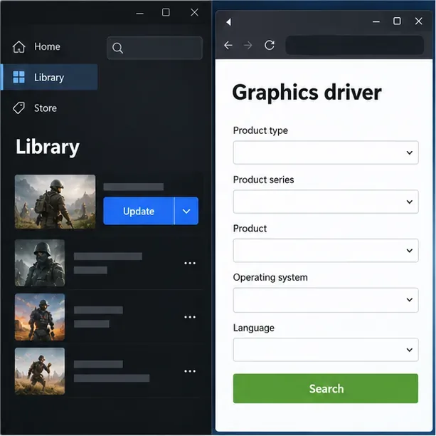 A generic game launcher update control beside a graphics-card driver download page.