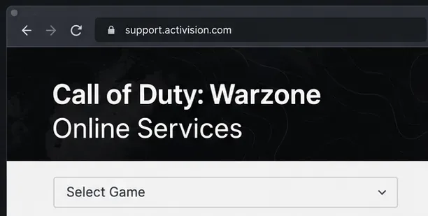 Illustrative browser view of the Call of Duty: Warzone Online Services page with the game selector visible and no live status result.