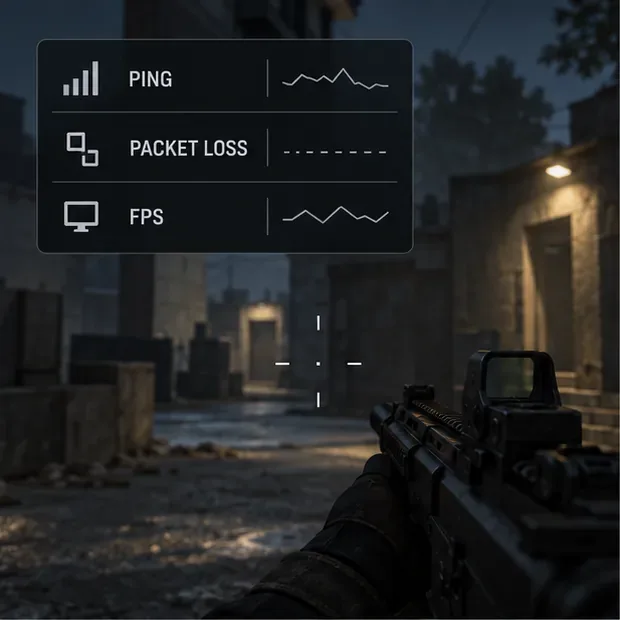 Illustrative in-game display separating ping, packet loss, and FPS telemetry over a shooter scene.