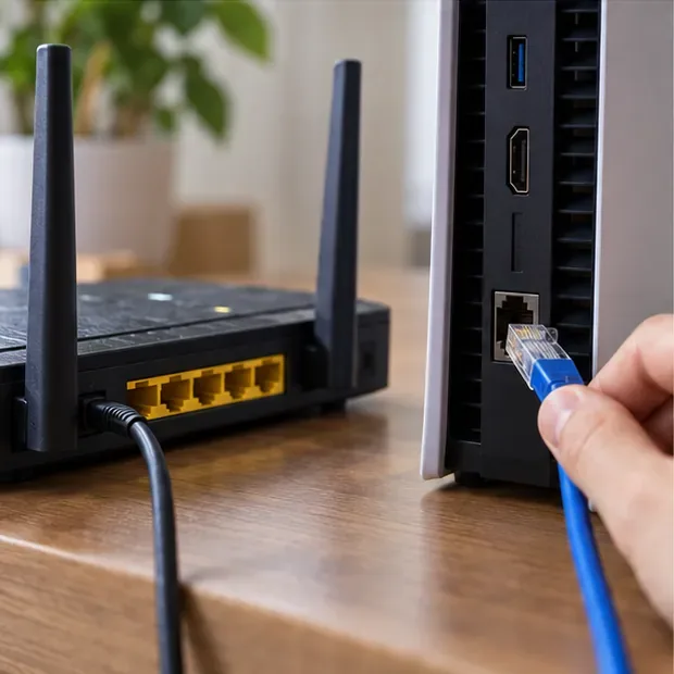 An Ethernet cable connecting a home router to a gaming computer.