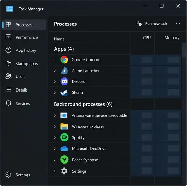 A Windows Task Manager Processes view showing CPU and Memory columns for open apps and background processes.
