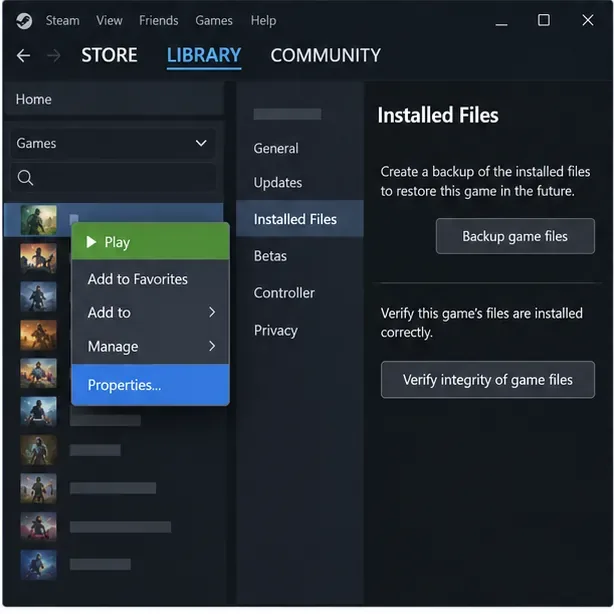 Steam Library game properties showing Installed Files and the Verify integrity of game files button.