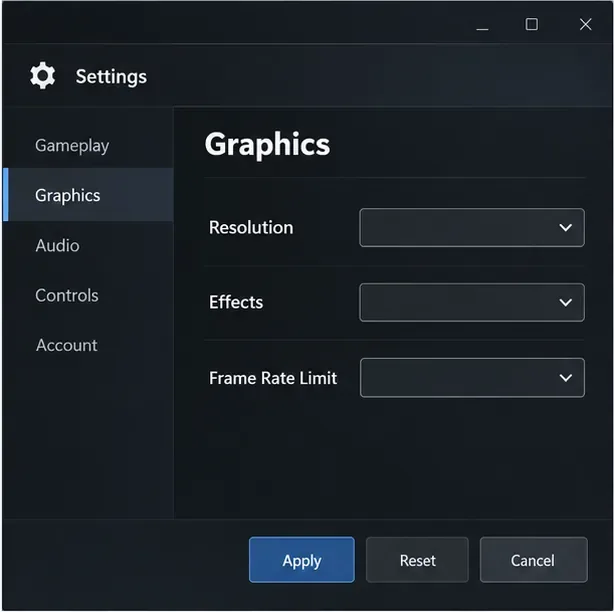 Illustrative PC graphics settings panel with Resolution, Effects, and Frame Rate Limit controls.