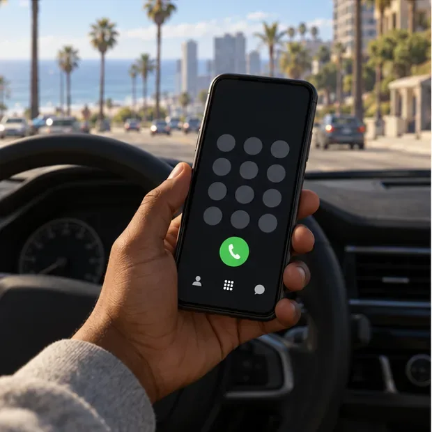 Um motorista segura um smartphone com o teclado numérico aberto dentro de um carro.