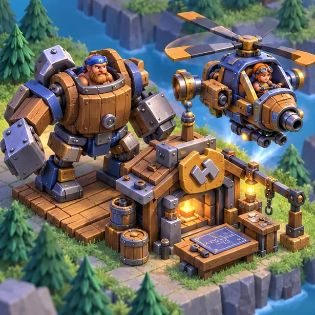 A Máquina de Batalha terrestre e o Helicóptero de Batalha voador expostos ao lado de uma oficina da Base de Construção.