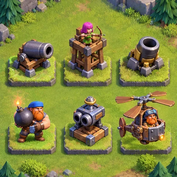 Ilustração das defesas da Vila Principal, uma tropa da Base de Construção e imagens de máquinas heroicas representando a lista de verificação BOB.