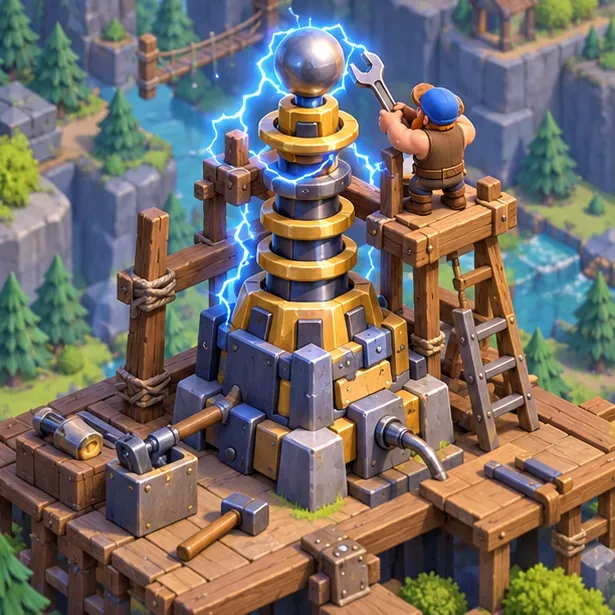 Um operário da Builder Base reparando uma torre de defesa elétrica em uma plataforma de madeira elevada.