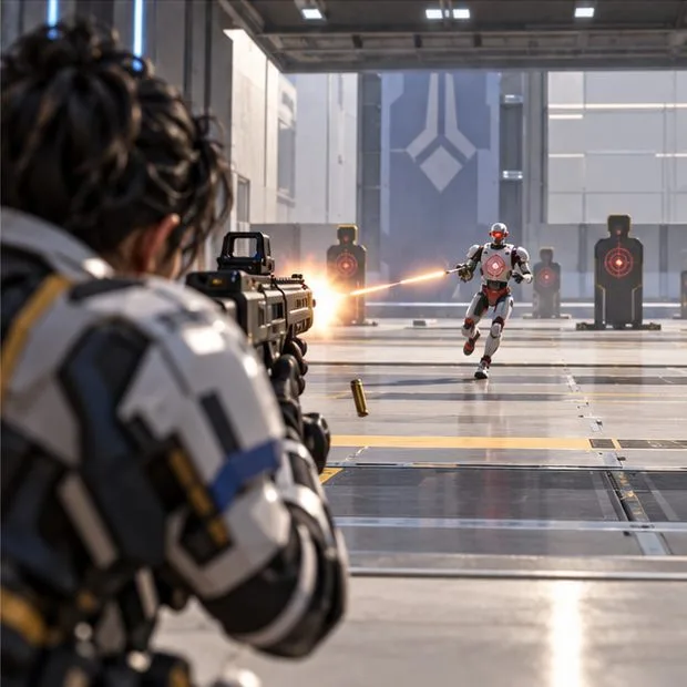 Um competidor pratica o rastreamento de um boneco de treinamento em movimento em um estande de tiro interno.
