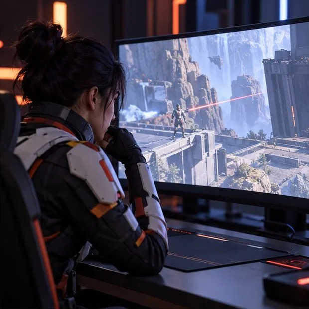 Um jogador revisa uma cena de batalha em um monitor e considera o ângulo exposto que levou à derrota.