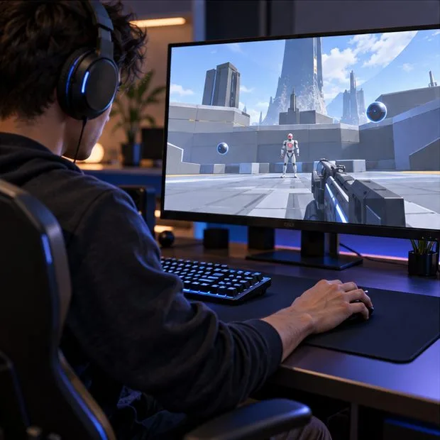 Um jogador em uma mesa de jogos testa a precisão da mira em um ambiente de treinamento simples.