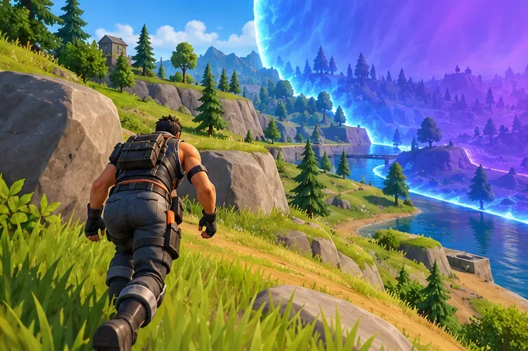 A player moves along rocky, tree-lined terrain beside a glowing storm boundary toward the safe zone.