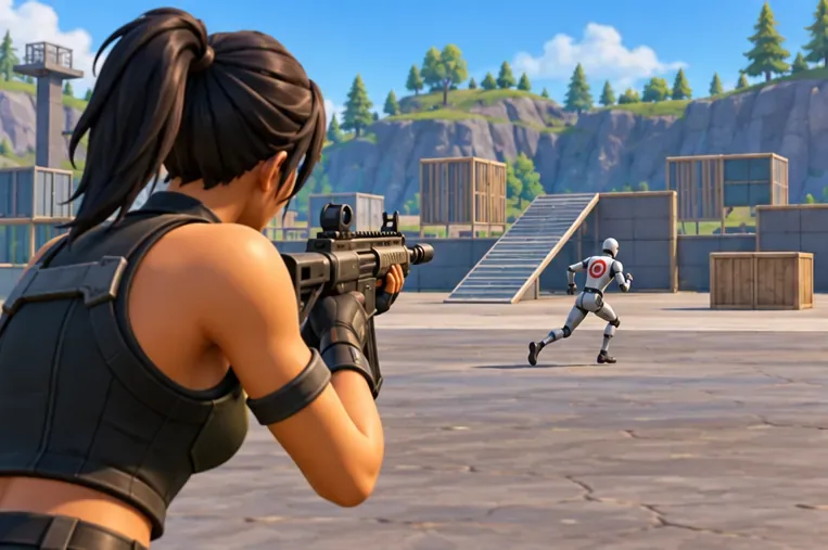 A player aims at a moving practice target in an open training area with ramps and target structures.